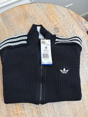 adidas Black Crochet Zip-Up Jacket with White Stripes